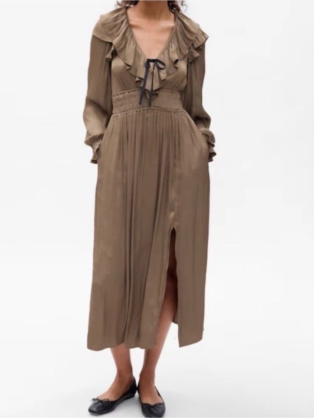 Gap Satin Midi Dress V-Neck Fit & Flare Pockets Beige/Brown/Green PXS NWT